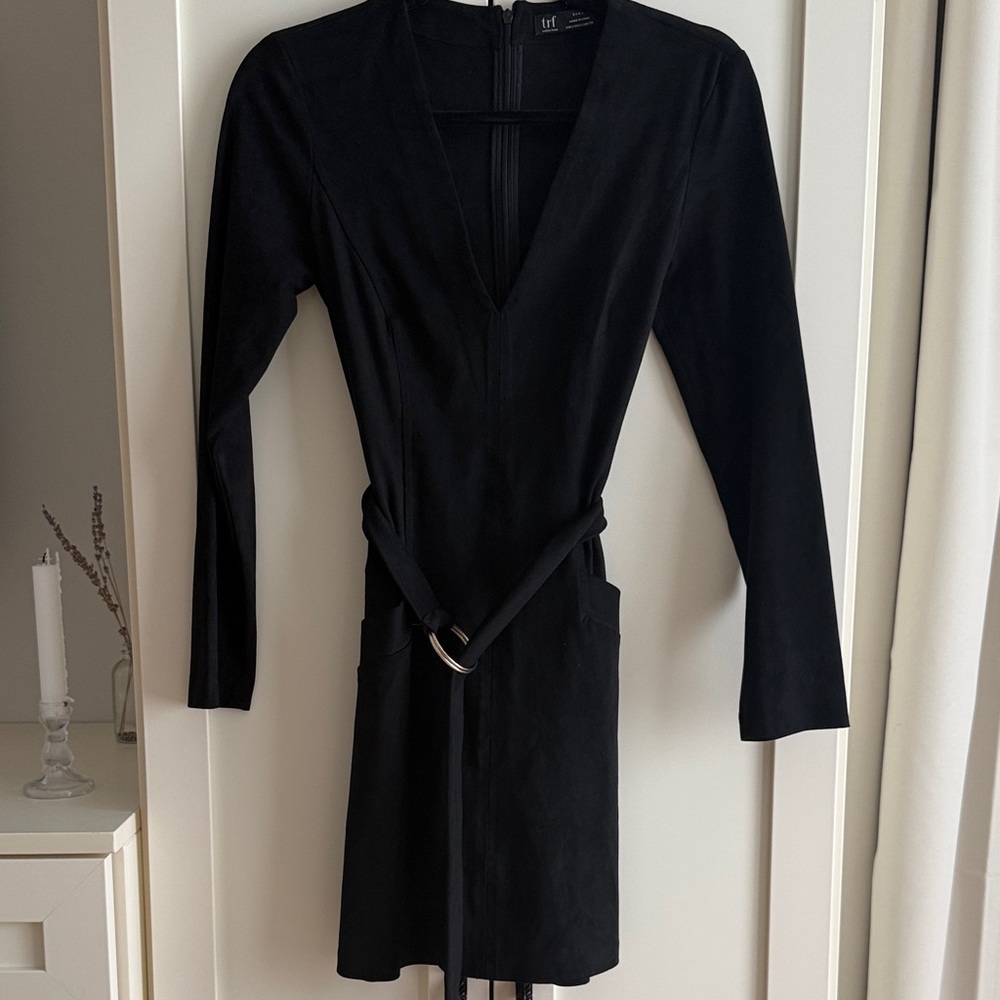 Zara Black Suede Belt Wrapped Long Sleeve Dress